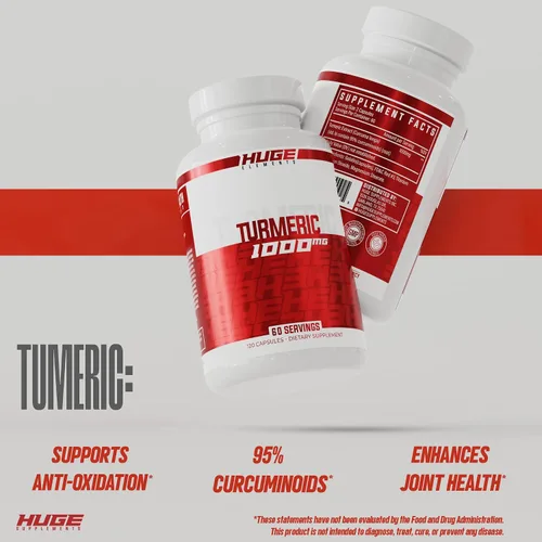 Vista 4 de Huge Supplements Cúrcuma, 1000 mg de extracto puro de raíz de cúrcuma por porción, 95% curcuminoides, suplemento antioxidante, sin OMG, sin gluten