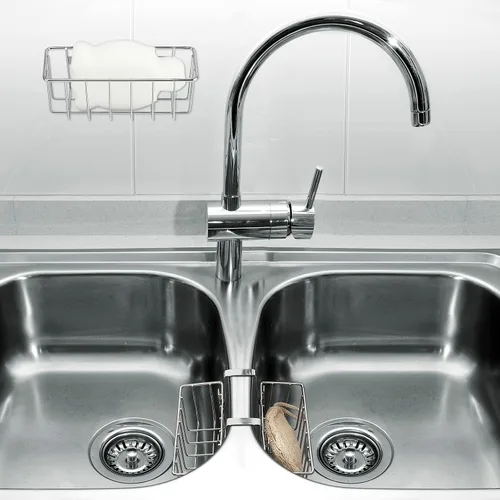 Vista 6 de Hotop Soporte de esponja de 2 piezas, organizador de fregadero de cocina, cesta organizadora de fregadero de metal, para fregador, jabón, toalla