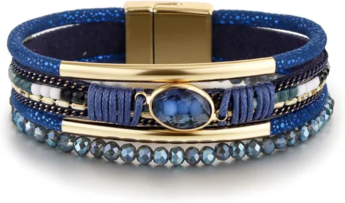 Vista 8 de Edoneery - Pulsera envolvente de cuero para mujer, brazalete de puño de múltiples capas hecho a mano estilo bohemio con cuentas de cristal