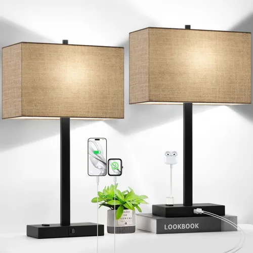 Vista 23 de Lynnoland Juego de 2 lámparas de noche de 21 pulgadas con tomas USB A+C y CA, control táctil, regulables de 3 vías, para dormitorio, sala de estar