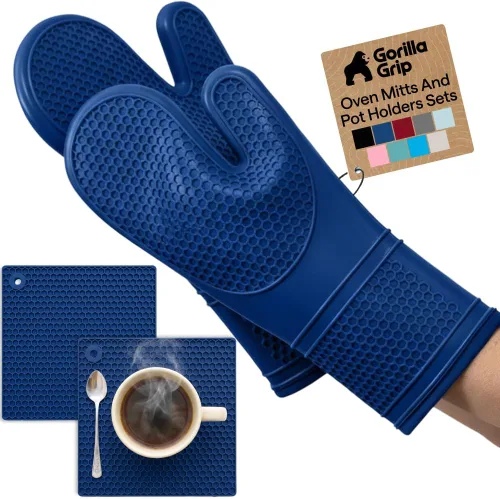 Vista 11 de GORILLA GRIP - Juego de guantes de horno de silicona suave sin BPA, guantes de cocina resistentes al calor e impermeables, forro de algodón grueso
