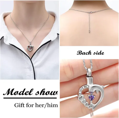 Vista 13 de Yinplsmemory Collar de urna de corazón de delfín para cenizas para mujer, colgante de urna de corazón de cristal, collar de recuerdo de cenizas