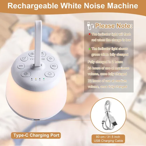 Vista 4 de Máquina de sonido de ruido blanco de viaje mejorada para bebé adulto, máquina de dormir portátil con luz nocturna y 21 sonidos relajantes