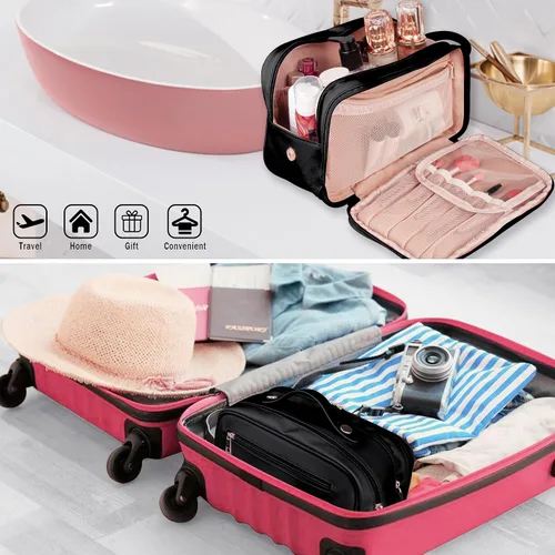 Vista 6 de Neceser de aseo personal, organizador de artículos de aseo de viaje de piel sintética, doble cremallera, bolsa de cosméticos de viaje de gran Negro
