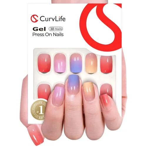 Vista 19 de CurvLife Uñas postizas cuadradas cortas a presión, terciopelo degradado Paris Script