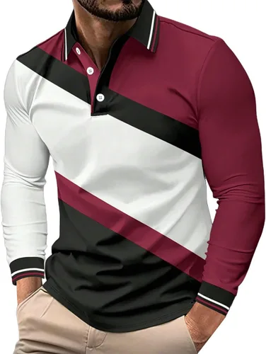 Vista 13 de Camisa polo para hombre, manga larga, cuello abotonado, bloque de color, moda para trabajo y golf