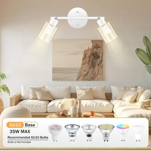 Vista 2 de BoostArea Lámparas de baño de 2 luces, modernas luces blancas de pared con pantalla de vidrio transparente, luz de techo flexible para espejo