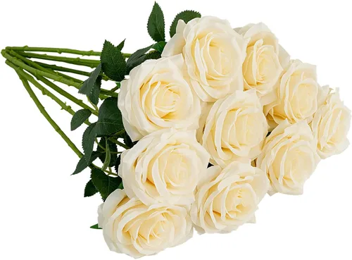 Vista 32 de 10 rosas artificiales abiertas, tallos de rosas artificiales para arreglos de boda, ramo de novia, centro de mesa, flores de seda sintética falsas