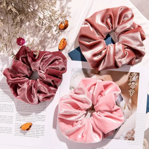 Vista 4 de Whaline Coleteros para el cabello con temática de rubor, bandas para el cabello de terciopelo grandes, color rosa, suaves, elásticas, accesorios