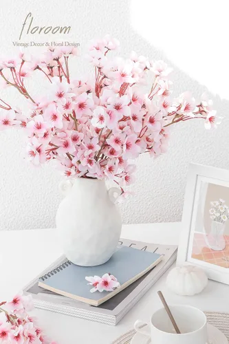 Vista 2 de 6 ramos de flores artificiales de cerezo de seda sintética rosa, para el hogar, boda, dormitorio, decoración de estilo japonés, centros de mesa