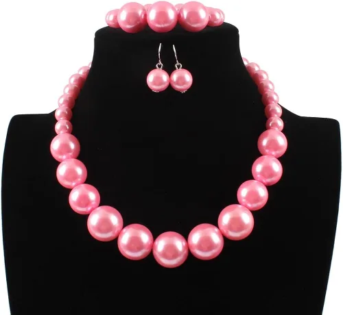Vista 7 de Shineland - Juego de collar y pulsera de perlas de imitación grandes y grandes (rosa)