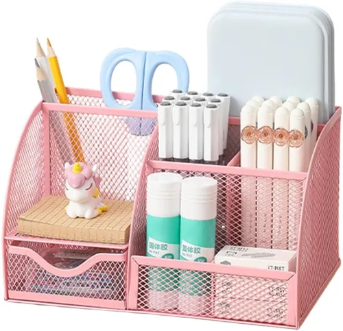 Vista 5 de Organizador de artículos de escritorio de malla metálica para oficina, soporte para lápices, brochas de maquillaje, organizador de cosméticos
