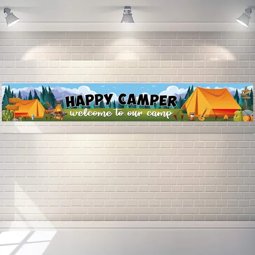 Vista 2 de Cartel de fondo de Happy Camper con 118.1 x 19.6 pulgadas, tela de poliéster de tamaño largo, letrero de telón de fondo para camping, suministros