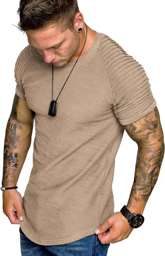 Vista 20 de COOFANDY Camiseta Muscular para Hombre de Manga Raglán Plisada Camiseta de Culturismo para Gimnasio Manga Corta Camisas de Entrenamiento de Moda