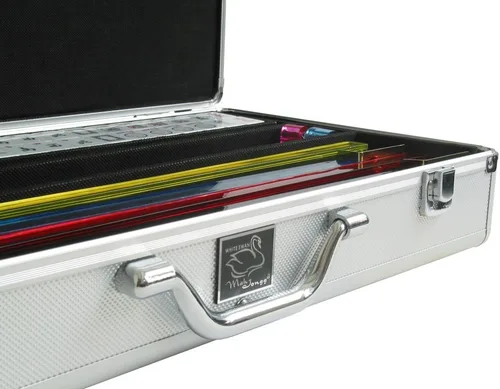 Vista 9 de Set - Azulejos blanco/burdeos, brazos de empuje clásicos - Caja Mahjong de aluminio plateado