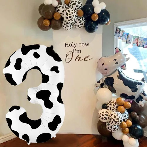 Vista 3 de Globo con estampado de vaca de 40 pulgadas, globo número 3, suministros para fiesta de cumpleaños con temática de vaca, globos de número para granja