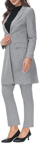 Vista 4 de MODFUL Conjunto de 2 piezas de blazer largo con pantalones para mujer, a cuadros, elegante, para oficina casual de negocios
