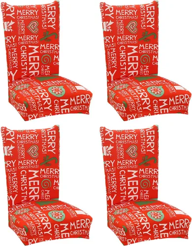 Vista 8 de Juego de 4 fundas protectoras para sillas de comedor navideñas, elásticas, extraíbles y lavables, fundas protectoras para sillas de comedor, fundas