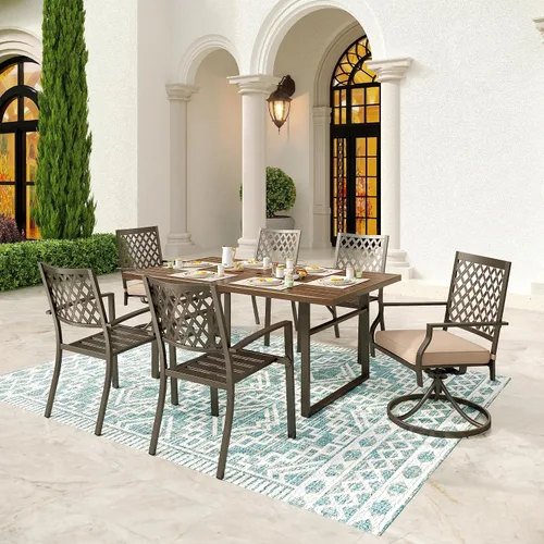 Vista 14 de SUNSHINE VALLEY Juego de 7 sillas de comedor para patio, material metálico, 6 sillas de comedor de color teca rectangular con agujero para sombrilla
