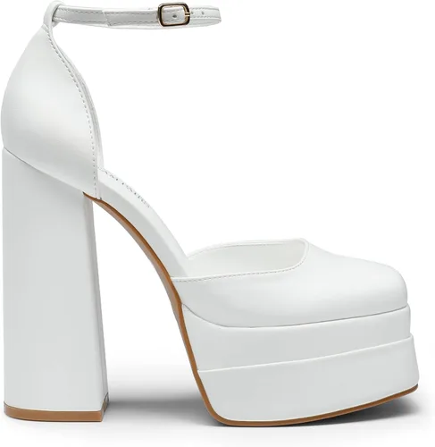 Vista 2 de DREAM PAIRS Zapatos de tacón alto y grueso para mujer, con puntera cerrada, puntera cuadrada, correa al tobillo, para boda, fiesta, zapatos de tacón