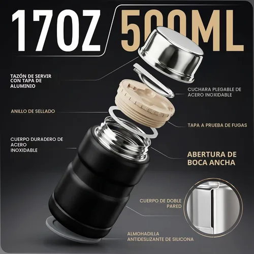 Vista 2 de Earth&ME Termo de acero inoxidable para alimentos calientes de 17 onzas con cuchara plegable, recipiente de alimentos aislado al vacío, termo