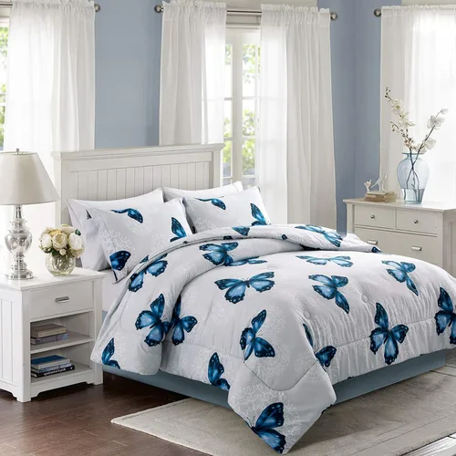 Vista 2 de ARTALL Juego de edredón de microfibra ligera de 3 piezas con 2 fundas de almohada, juego de ropa de cama con patrón de mariposa, matrimonial/queen