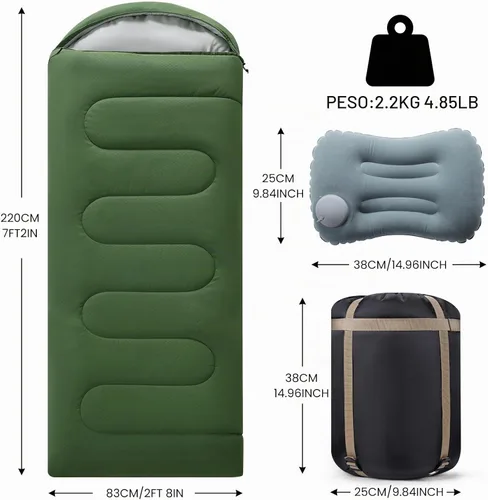 Vista 3 de Camping Sleeping Bag for Adults 3-4 Season, Cold Weather Rated Sleeping Bag Waterproof Windproof with Inflatable Pillow, Breathable Foot Zipper