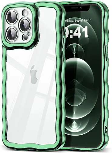 Vista 21 de SKYLMW Funda compatible con iPhone 12 Pro, diseño de ondas rizadas kawaii, borde chapado de lujo, elegante parte trasera transparente brillante, TPU