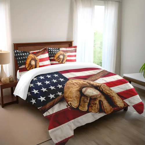 Vista 2 de Juego de ropa de cama de béisbol para niños, juego de edredón de bandera estadounidense con temática deportiva, tamaño individual, decoración