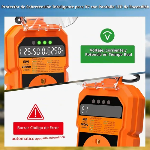 Vista 3 de Protector contra sobretensiones RV de 50 amperios 26000J Sobrecarga Apagado Naranja