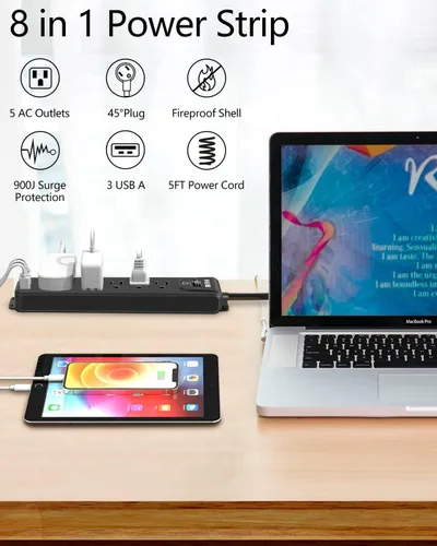 Vista 2 de Regleta protectora contra sobretensiones, 5 tomas ampliamente espaciadas, 3 puertos USB con cable de extensión resistente de 5 pies, enchufe plano