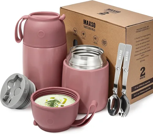 Vista 11 de MAXSO Paquete de 2 termos de sopa para alimentos fríos y calientes para niños y adultos, frascos de alimentos aislados al vacío, recipientes