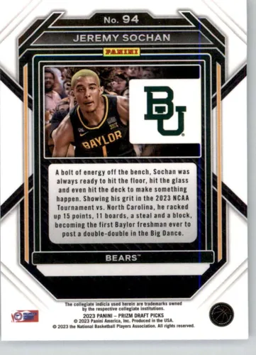 Vista 2 de 2023-24 Panini Prizm Draft Picks #94 Jeremy Sochan Baylor Bears Basketball Trading Card