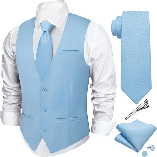 Vista 13 de DiBanGu Mens Vest Tie Set 5PCS Formal Dress Waistcoat Light Grey