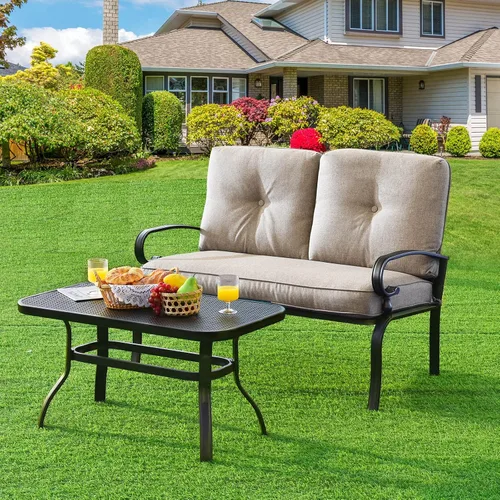 Vista 3 de Tangkula Sofá biplaza de patio con juego de mesa, sofá acolchado de 2 asientos con mesa auxiliar, juego de sofá de conversación para patio con marco