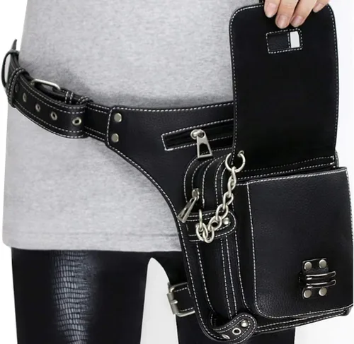 Vista 8 de Riñonera gótica, punk, táctica, para exteriores, bicicleta, motocicleta, ciclismo, senderismo, riñonera para cadera/muslo, bolsa de hombro negra