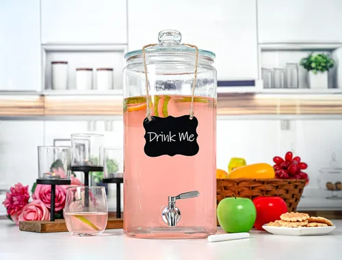 Vista 6 de Dispensador de bebidas de 2 galones con espita de acero inoxidable + marcador y pizarra, dispensador de bebidas de vidrio 100% a prueba de fugas