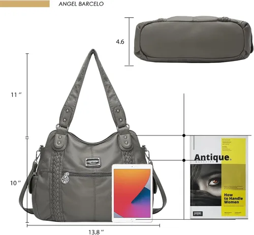 Vista 243 de Angel Barcelo - Bolsa de hombro amplia para mujer, diseño Hobo, cuero lavado