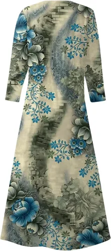 Vista 3 de EKVAHL Vestido de manga 34 para mujer, vestidos de otoño, casual, holgado, talla grande, cuello redondo, estampado floral, elegante vestido largo