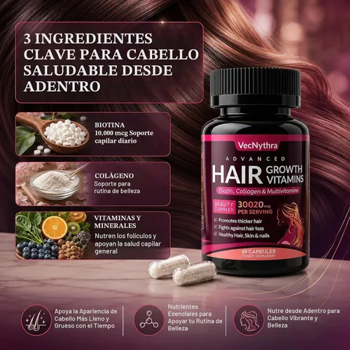 Vista 3 de Advanced Hair Growth Vitamins Supplement for Women, Biotin 10000 mcg