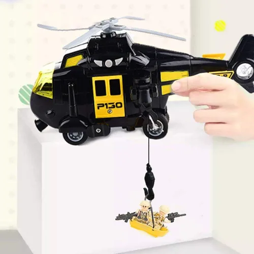 Vista 3 de OMGTOY Helicóptero militar, avión de la fuerza aérea de juguete con cesta colgante luces y sonidos para niños (negro)