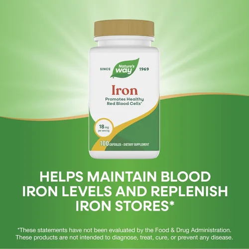 Vista 4 de Nature's Way Hierro, promueve glóbulos rojos saludables*, 18 mg de gluconato de hierro por porción, sin gluten, 100 cápsulas