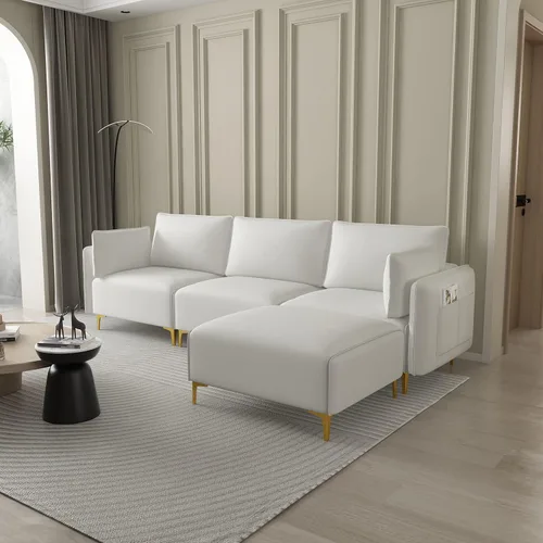 Vista 3 de Sofá modular convertible para sala de estar, moderno sofá en forma de L con otomana, sofás modulares de tela de 4 asientos con USB y bolsa