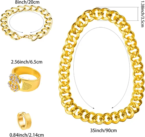 Vista 2 de YAROMO 80s 90s Costumes Outfit for Men Women, Hip Hop Costume Kit Metal Chain Flat Top Sunglasses Rapper Big Chain Necklace and Bracelet Hip Hop