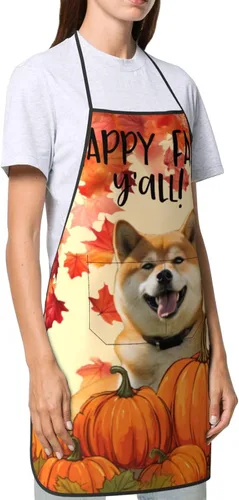 Vista 4 de nopicsn Happy Fall Y'all Dog Shiba Apron for cooking with Pockets Women Men Kitchen Chef Funny Aprons