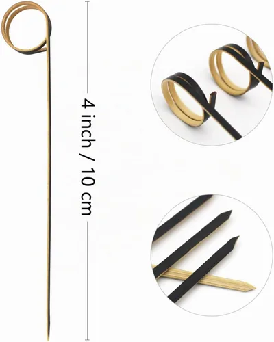 Vista 2 de BLUE TOP Palillos de Cóctel de Bambú 100 PIEZAS Brochetas de Bambú Negro de 4 Pulgadas con Anillo en Bucle, Palillos para Comida, Palillos