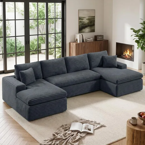 Vista 21 de Sofá modular sin hueso de nube de 112 pulgadas en forma de L, moderno sofá modular con cojín en capas, sofás de pana convertibles sin montaje