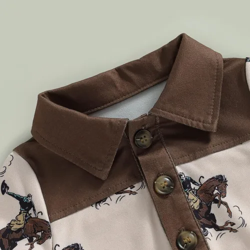 Vista 6 de Omkzanbi Ropa de bebé occidental con estampado de vaca, con botones, con solapa, polo, camisa, mameluco, retro, traje de verano