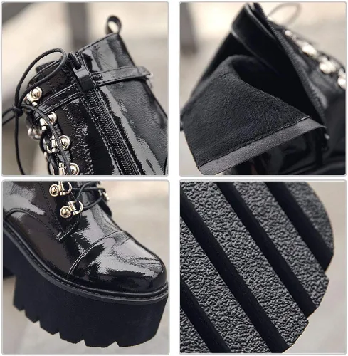 Vista 2 de CYNLLIO - Botas estilo combate de moda al tobillo de mujer, plataforma en bloque con cordones y tachas, botas de motocicleta a mitad