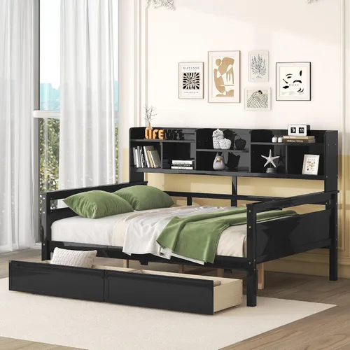 Vista 16 de Sofá cama doble con cama nido y 2 brazos de almacenamiento multifuncionales, marco de sofá cama de tela de lino con carga USB para habitación